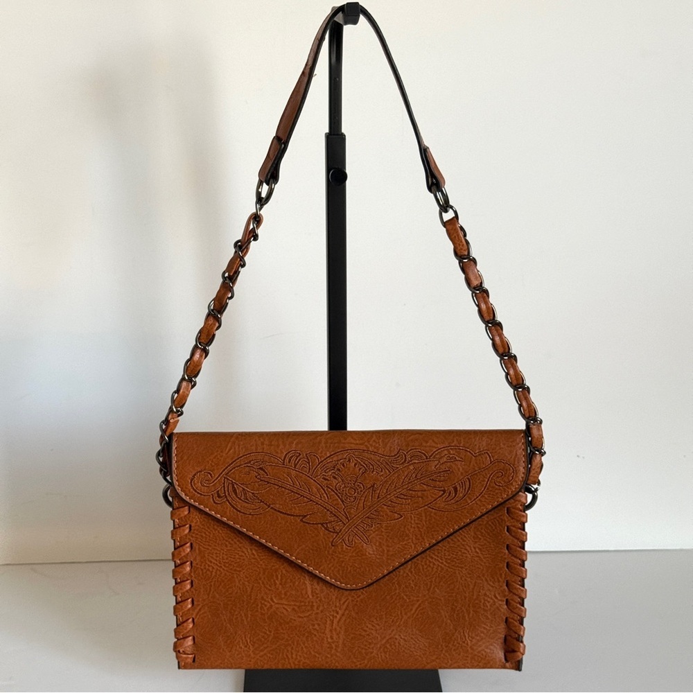 Brown Faux Leather Shoulder Bag Western-style Embossed Floral Purse